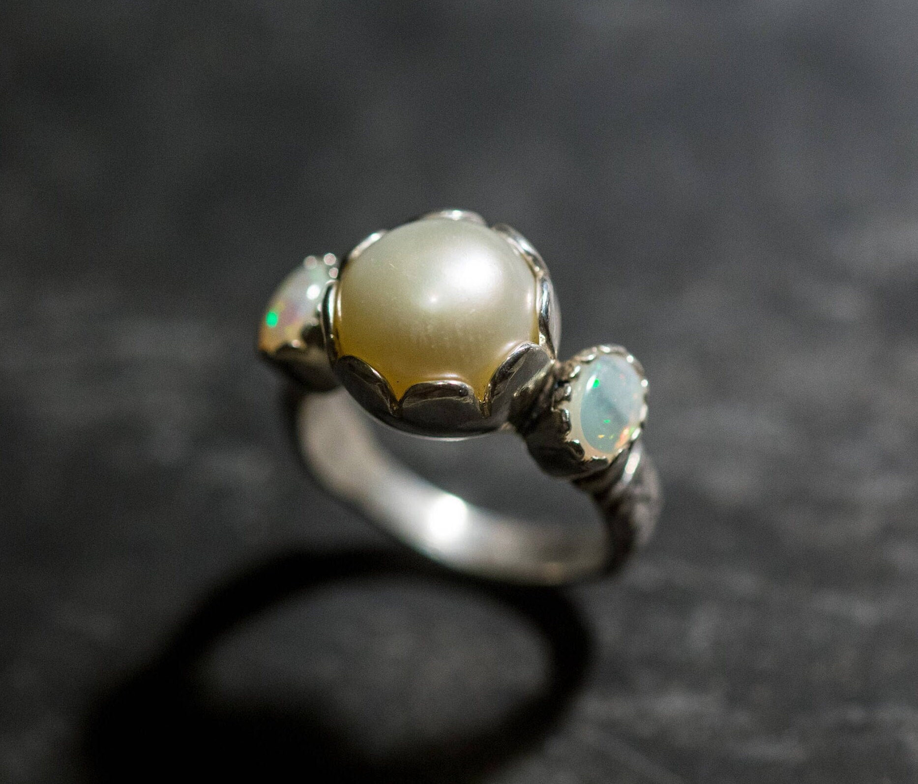 Pearl Ring Natural Pearl Ring Opal Ring Natural Opal June Birthstone October Birthstone Vintage Pearl Ring White Pearl Ring Pearl