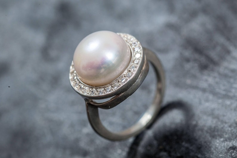White Pearl Ring, Natural Pearl Ring, Pearl Ring, Large Pearl Ring, Vintage Pearl Ring, June Birthstone, June Ring, Solid Silver Ring, Pearl image 9