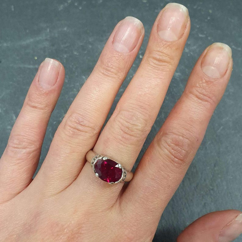 Tribal Ruby Ring, Created Ruby, Red Vintage Ring, Horizontal Ring, Antique Ring, 3 Carat Ruby, Statement Ring, Boho Ring, Solid Silver Ring