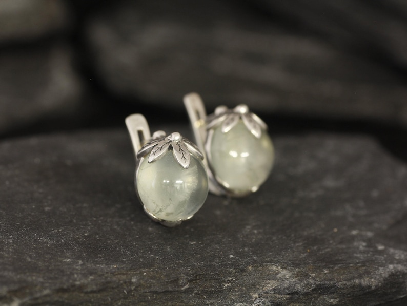 Prehnite Earrings, Natural Prehnite, May Birthstone, Green Leaf Earrings, Flower Earrings, Art Nouveau Earrings, Silver Earrings, May Studs image 6