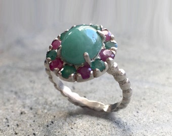 Large Emerald Ring, Natural Emerald, Natural Ruby, May Birthstone, Victorian Ring, Vintage Ring, Mothers Birthstone Ring, Solid Silver Ring