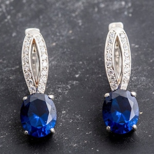 Blue Sapphire Earrings, Created Sapphire, Vintage Earrings, Blue Sapphire, CZ Diamonds, Royal Blue Earrings, Solid Silver Earrings, Sapphire