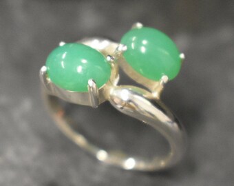 Green Bypass Ring, Natural Chrysoprase, Chrysoprase Ring, Two Stone Ring, Green Ring, Asymmetric Ring, Bypass Ring, Sterling Silver Ring