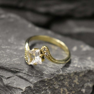 Antique Gold Ring, White Topaz Ring, Dainty Ring, December Birthstone, Princess Cut, Engagement Diamond Ring, Vintage Ring, 925 Silver Ring