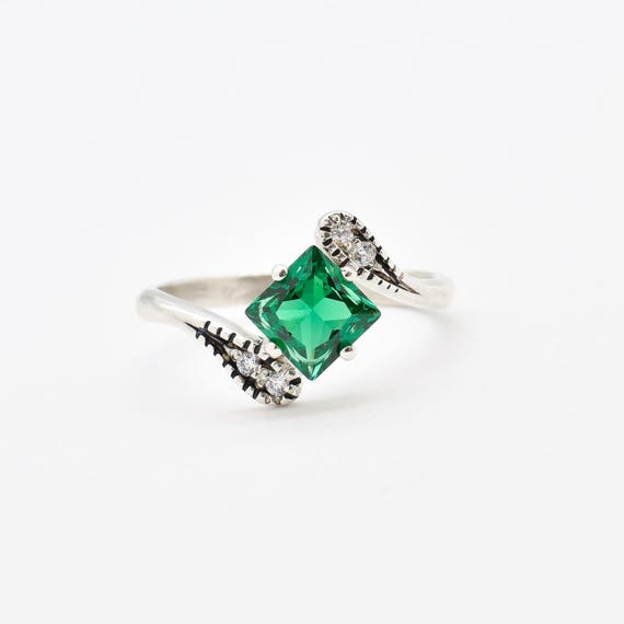 Emerald Ring, Created Emerald, Vintage Ring, Dainty Ring, Engagement Ring, Square Ring, Asymmetric Ring, Green Ring, Solid Silver Ring