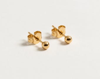 14K Solid Gold Ball Stud Earrings, 3mm Tiny Gold Studs, Dainty Everyday Jewelry