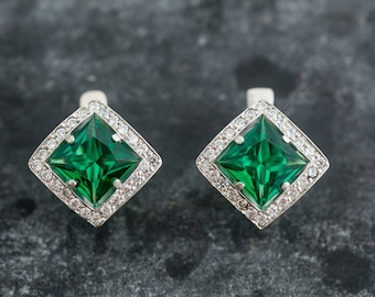 Pendientes de esmeralda, Esmeralda sintética, Pendientes de esmeralda vintage, Pendientes vintage, Pendientes de esmeralda antiguos, Pendientes antiguos, Pendientes de plata