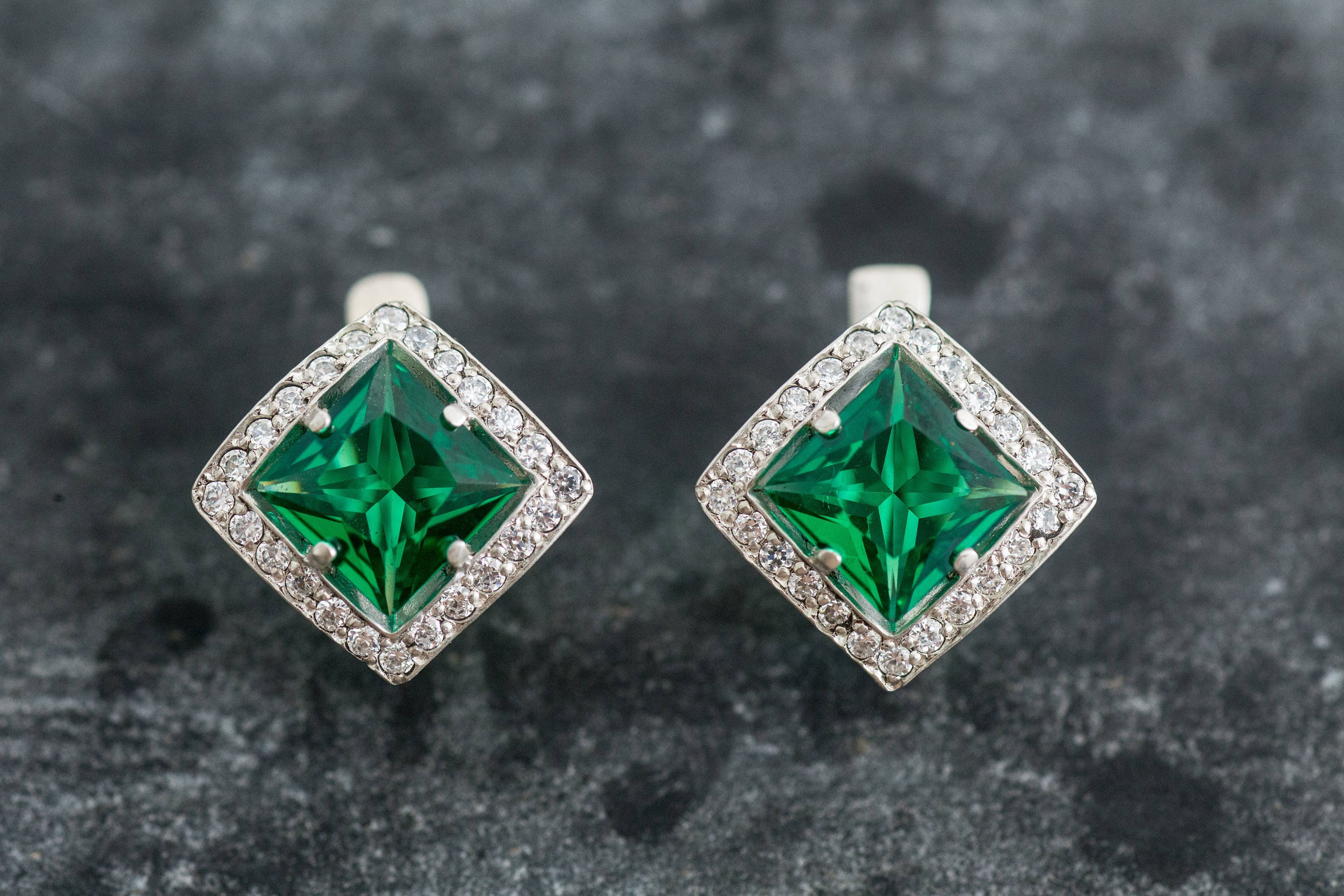 Emerald Earrings, Created Emerald, Vintage Emerald Earrings