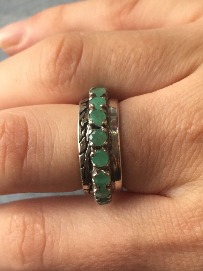 Emerald Band, Natural Emerald, 1 Carat Emerald, May Birthstone, Double Band, Half Eternity Ring, Bezel Ring, Bezel Band, Solid Silver Ring image 5