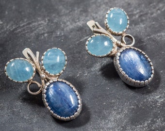 Boucles d'oreilles en cyanite, Boucles d'oreilles aigue-marine, Aigue-marine naturelle, Cyanite naturelle, Boucles d'oreilles bleues, Boucles d'oreilles de mars, Boucles d'oreilles vintage, Boucles d'oreilles en argent