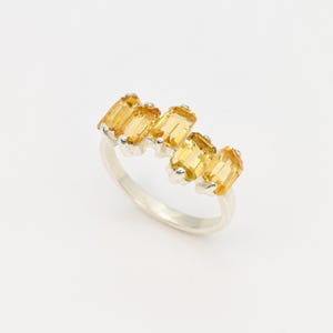 Emerald Cut Ring, Natural Citrine, Baguette Band, Half Eternity Band, November Birthstone, Asymmetric Ring, Yellow Ring, Solid Silver Ring