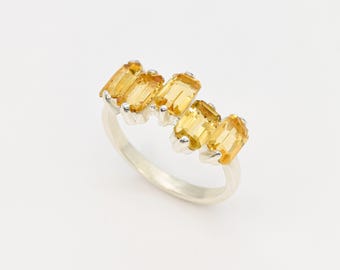 Emerald Cut Ring, Natural Citrine, Baguette Band, Half Eternity Band, November Birthstone, Asymmetric Ring, Yellow Ring, Solid Silver Ring