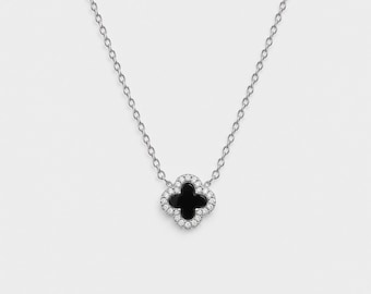 Black Onyx Clover Necklace, Dainty Four Leaf Clover Pendant, Minimalist Everyday Jewelry