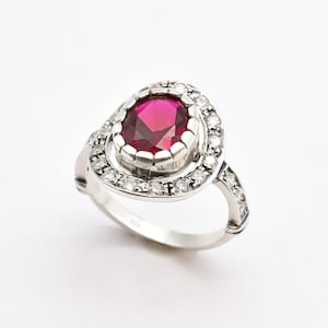 Vintage Ruby Ring, Created Ruby Ring, Oval Halo Ring,  Sterling Silver Ruby Ring, Red Ruby Ring, Gift for Mom, Silver Ring, Adina Stone