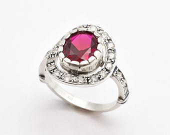 Vintage Ruby Ring, Created Ruby Ring, Oval Halo Ring,  Sterling Silver Ruby Ring, Red Ruby Ring, Gift for Mom, Silver Ring, Adina Stone