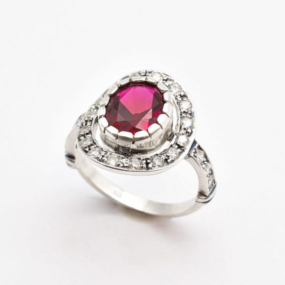 Vintage Ruby Ring, Created Ruby Ring, Oval Halo Ring,  Sterling Silver Ruby Ring, Red Ruby Ring, Gift for Mom, Silver Ring, Adina Stone