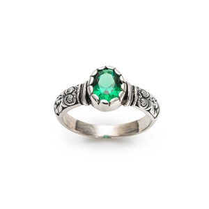 Tribal Emerald Ring, Created Emerald, Antique Ring, Vintage Ring, Bohemian Ring, Thick Band Ring, Sterling Silver Ring, Green Solitaire Ring image 10
