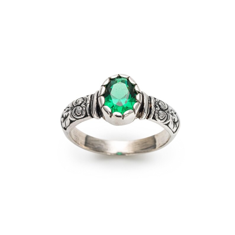 Tribal Emerald Ring, Created Emerald, Antique Ring, Vintage Ring, Bohemian Ring, Thick Band Ring, Sterling Silver Ring, Green Solitaire Ring image 10