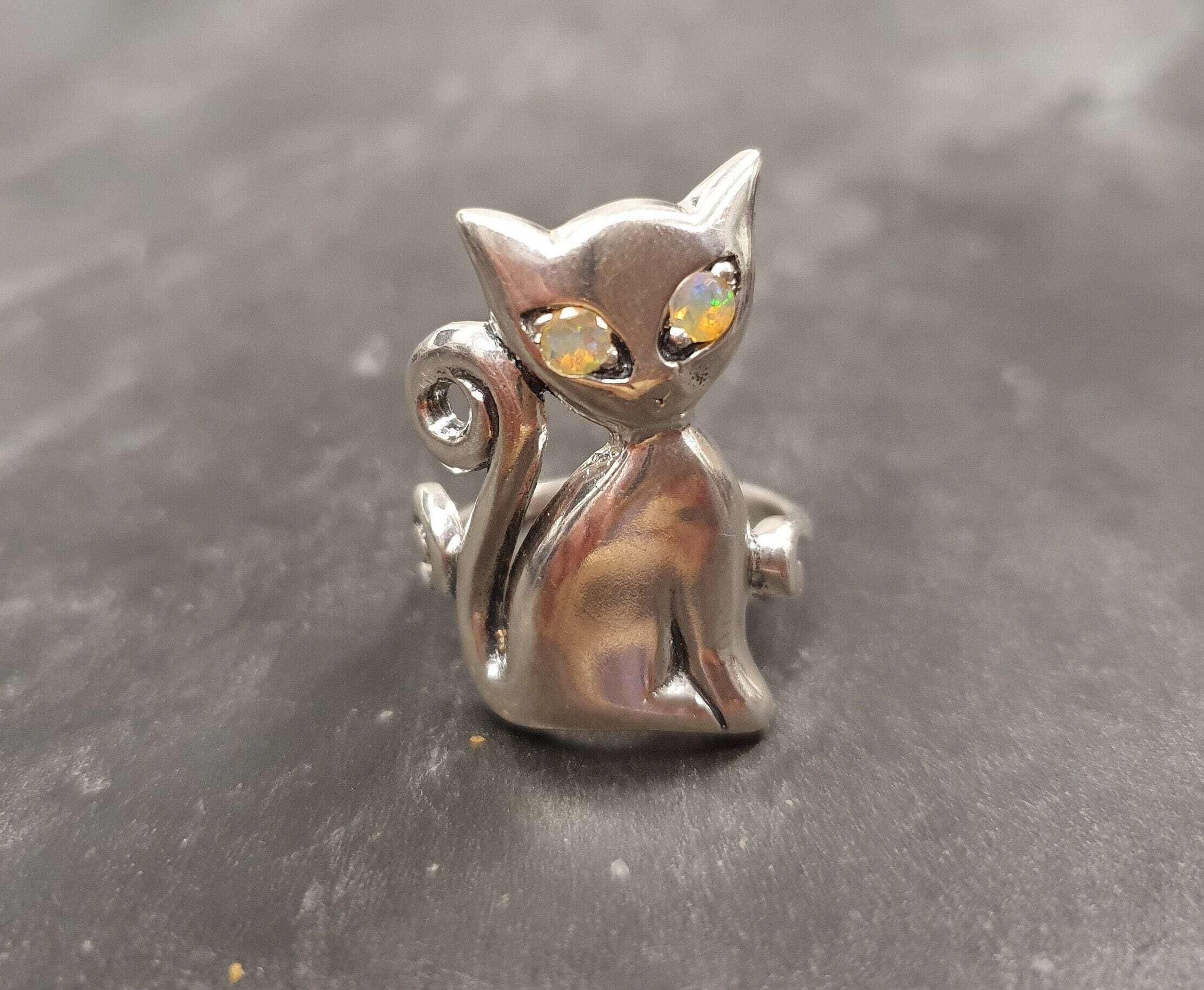 Silver Cat Ring, Opal Ring, Natural Opal Ring, October