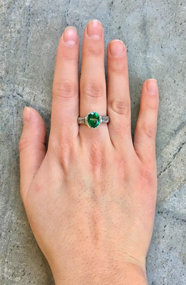 Tribal Ring, Emerald Ring, Created Emerald, Green Vintage Ring, Green Diamond Ring, Sparkly Ring, Green Emerald Ring, Sterling Silver Ring image 7