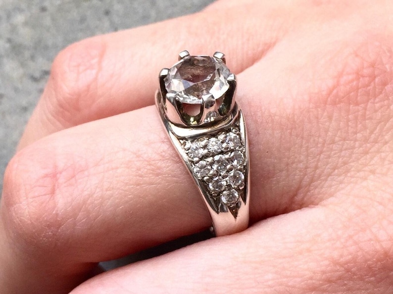 Bague en diamant, diamant de synthèse, bague de fiançailles, bague de style édouardien, bague ancienne, bague imposante, anneau large et scintillant, bague en argent sterling image 2