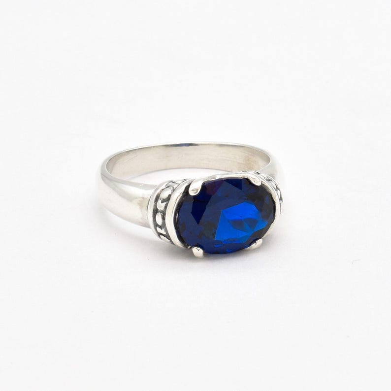 Sapphire Ring, Blue Sapphire Ring, Created Sapphire, Horizontal Ring, Blue Vintage Ring, Blue Diamond Ring, Royal Blue Ring, 925 Silver Ring image 8