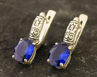 Blue Sapphire Earrings, Created Sapphire, Boho Earrings, Blue Diamond Earrings, Tribal Earrings, Vintage Earrings, Solid Silver Earrings
