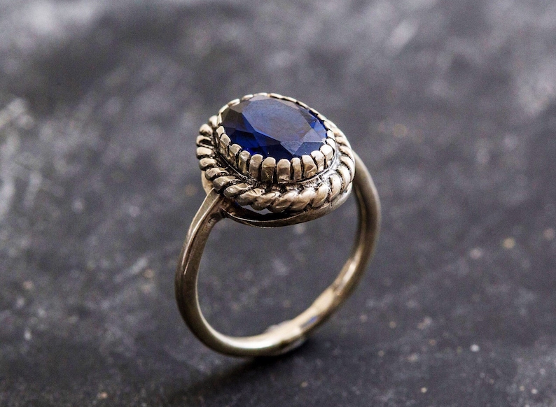 Blue Sapphire Royal Blue Ring Solid Silver Created Sapphire Blue Sapphire Ring Artistic Ring Vintage Rings Blue Stone Sapphire