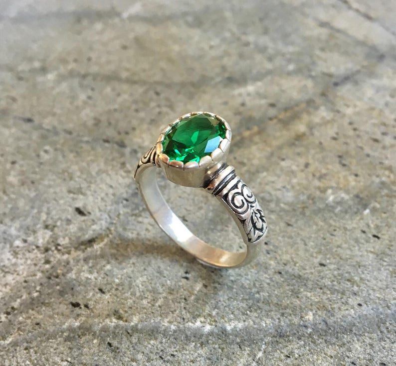 Tribal Ring, Emerald Ring, Created Emerald, Green Vintage Ring, Green Diamond Ring, Sparkly Ring, Green Emerald Ring, Sterling Silver Ring image 3