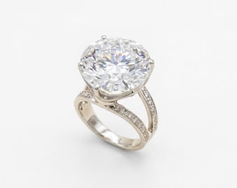 Large Round Diamond Statement Ring, Diamond Pavé Split Shank Ring, 15mm Brilliant Cocktail Ring