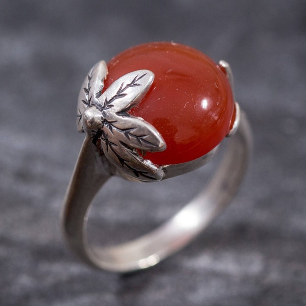 Carnelian Ring, Natural Carnelian, Red Agate Ring, Agate Ring, Leaf Ring, Red Ring, Vintage Rings, Red Stone, Solid Silver Ring, Agate