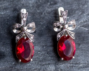 Large Ruby Earrings, Ribbon Earrings, Created Ruby Earrings, Vintage Earrings, Silver Ribbon, Ruby Earrings, Red Earrings, Antique Earrings