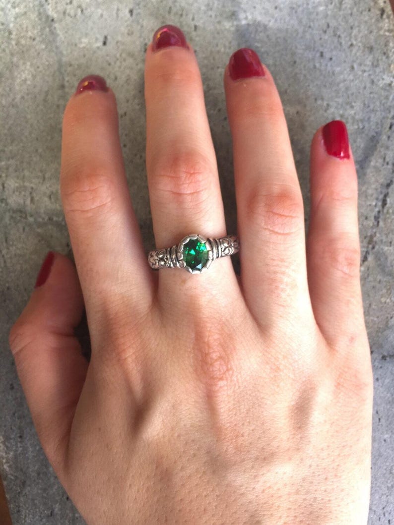 Tribal Emerald Ring, Created Emerald, Antique Ring, Vintage Ring, Bohemian Ring, Thick Band Ring, Sterling Silver Ring, Green Solitaire Ring image 7