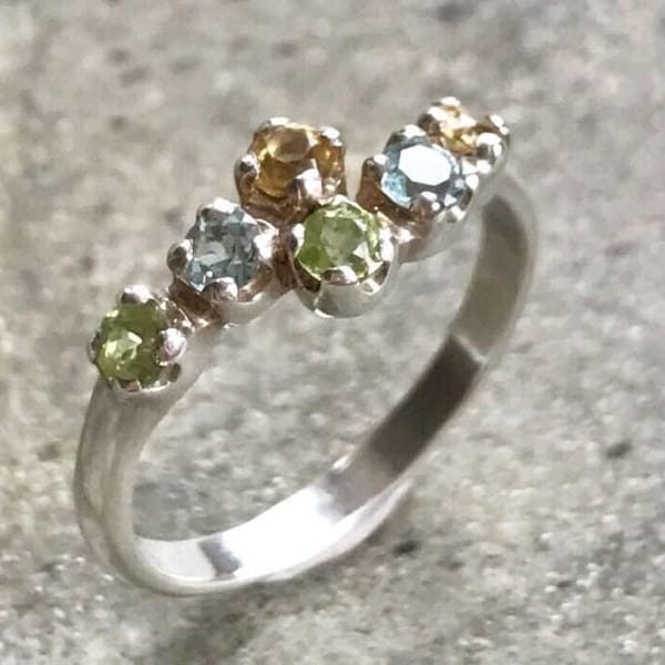 Natural Topaz Ring, Delicate Ring, Birthstones Ring, Mothers Birthstones, Citrine Ring, Peridot Ring, Blue Topaz Ring, Solid Silver Ring
