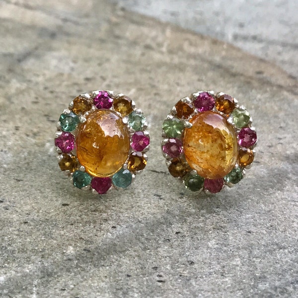 Tourmaline Earrings, Natural Tourmaline, Yellow Tourmaline, Pink Tourmaline, October Birthstone, Vintage Earrings, Solid Silver, Tourmaline