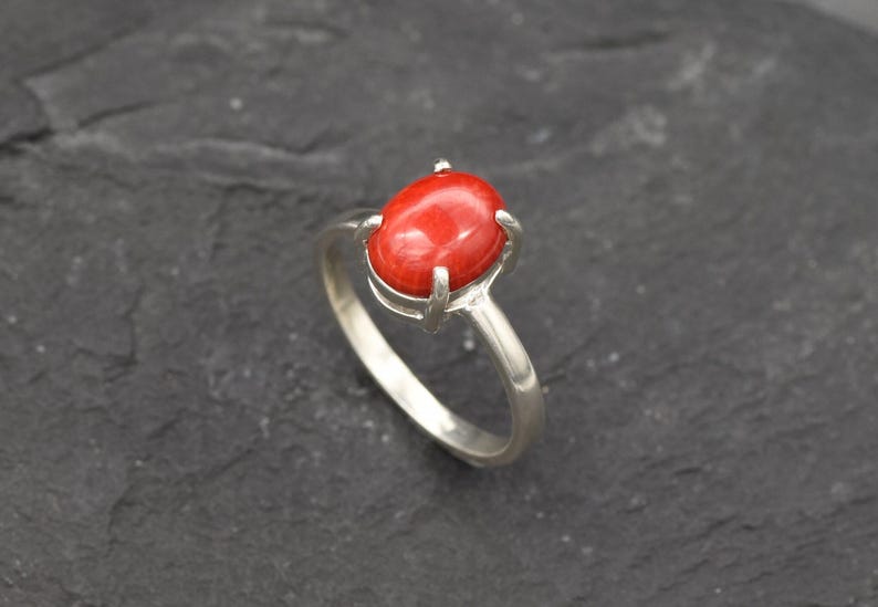 Red Coral Ring, Natural Coral, Solitaire Ring, Promise Ring, Simple Ring, Red Oval Ring, 3 Carat Ring, Proposal Ring, Solid Silver Ring image 3