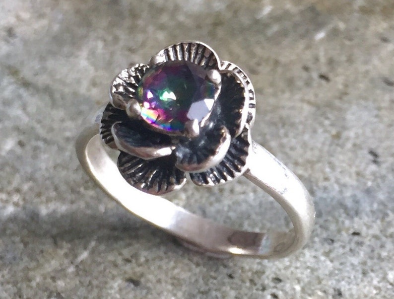 Flower Ring, Mystic Topaz Ring, Natural Topaz, Vintage Flower Ring, Topaz Flower Ring, December Birthstone, Solid Silver Ring, Silver Flower image 2