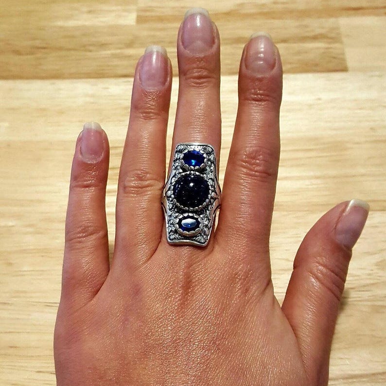 Long Artistic Ring, Blue Sandstone Ring, Tribal Ring, Statement Ring, Sagittarius Ring, Silver Ring, Blue Sand Stone, Created Sapphire image 8