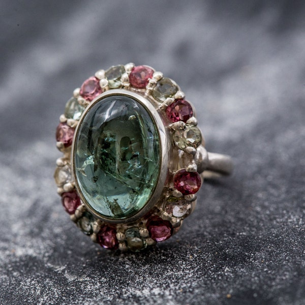 Victorian Green Ring, Tourmaline Ring, Pink Tourmaline, Green Tourmaline, Vintage Ring, October Birthstone, Solid Silver Ring, Tourmaline
