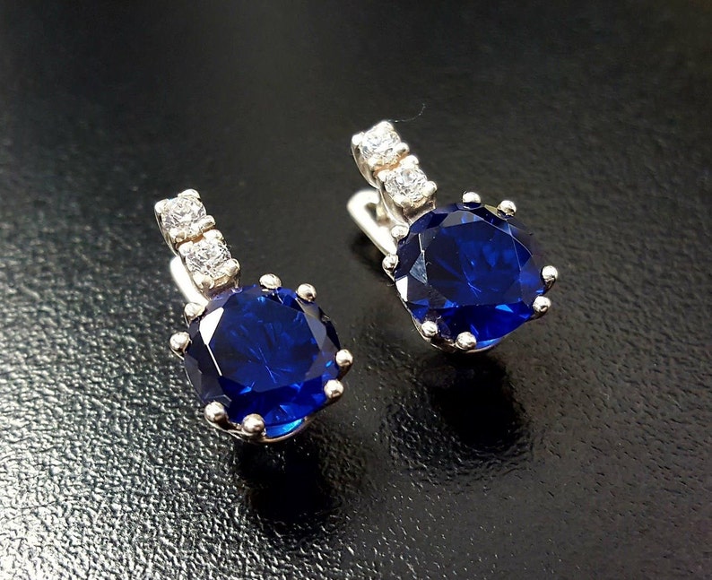 Blue Diamond Earrings Royal Blue Earrings Vintage Earrings Bridal Earrings Solid Silver Earrings Sapphire Earrings Created Sapphire