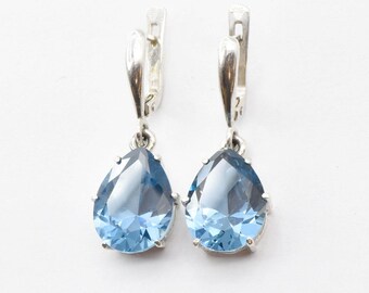 Pendientes colgantes azules, aguamarina sintética, pendientes azules grandes, pendientes colgantes azules, pendientes llamativos en forma de lágrima, pendientes colgantes vintage