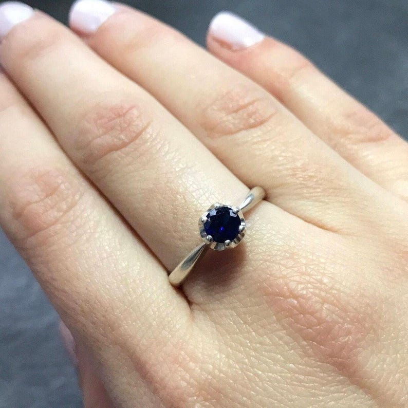 Anillo de zafiro, anillo de promesa de zafiro, zafiro sintético, anillo de promesa azul, anillo de propuesta de matrimonio, zafiro azul, anillo de plata maciza, zafiro imagen 2