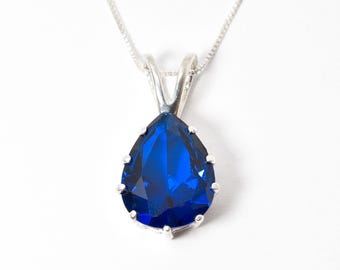 Blue Sapphire Pendant, Sapphire Pendant, Blue Teardrop Pendant, Teardrop Pendant, Created Sapphire, Vintage Pendant, Silver Pendant
