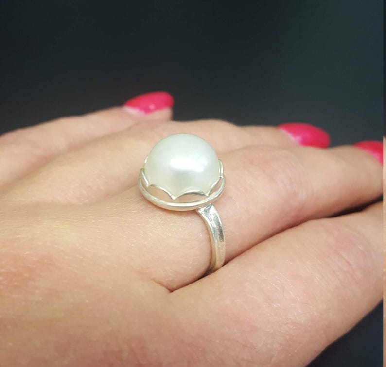 Vintage Pearl Ring, Real Pearl Ring, White Pearl Ring, June Birthstone Ring, Pearl Statement Ring, Pearl Solitaire Ring, Adina Stone image 2