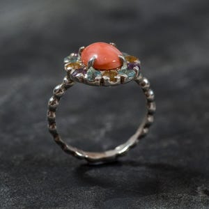 Anillo de coral natural, piedra de nacimiento de marzo, anillo de coral, coral rosa, anillo vintage, anillo de citrino, anillo de amatista, anillo de topacio azul, anillo de plata maciza imagen 8