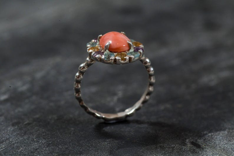 Anillo de coral natural, piedra de nacimiento de marzo, anillo de coral, coral rosa, anillo vintage, anillo de citrino, anillo de amatista, anillo de topacio azul, anillo de plata maciza imagen 8