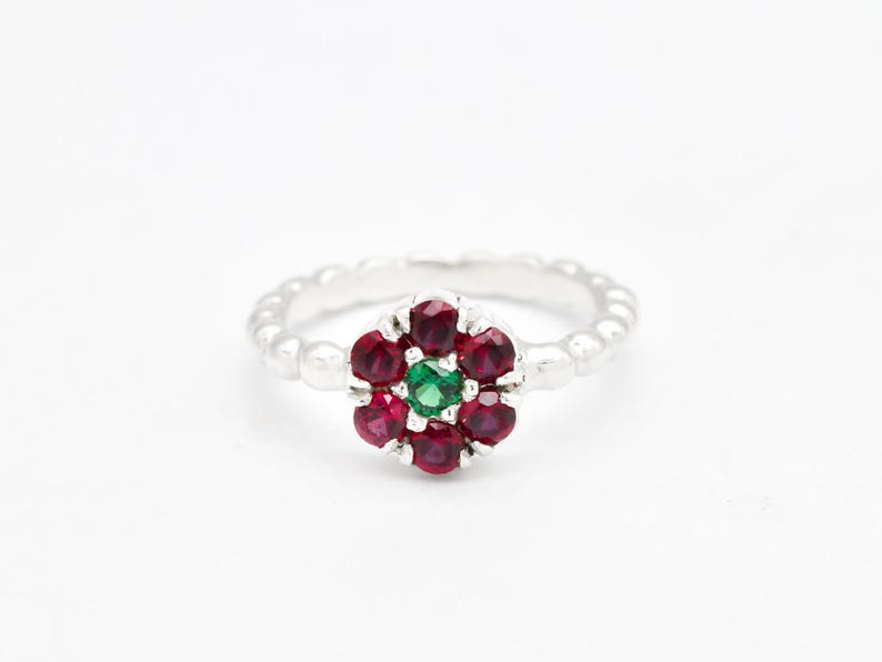 Ruby Flower Ring, Created Ruby, Daisy Emerald Ring, Dainty Flower Ring, Red Gemstone Ring, Silver Bubble Band, For Her, Adina Stone image 1