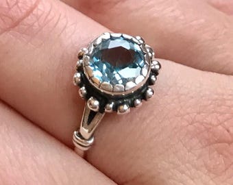 Ring mit blauem Topas, natürlicher Topas, Geburtsstein Dezember, Vintage-Ringe, Vintage-Topasring, blauer Topas „Sky“, blauer Diamant, Ring aus massivem Silber
