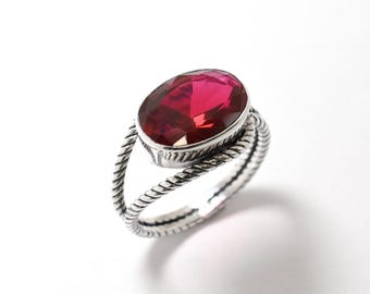 Large Ruby Ring, Created Ruby, Rope Ring, Red Designer Ring, Statement Ruby Ring, Red Eye Ring, Vintage Ruby Ring, Sterling Silver Ring