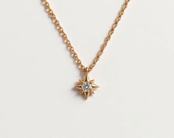 14k Natural Diamond Starburst Necklace, Gold Star Diamond Pendant, Dainty North Star Necklace